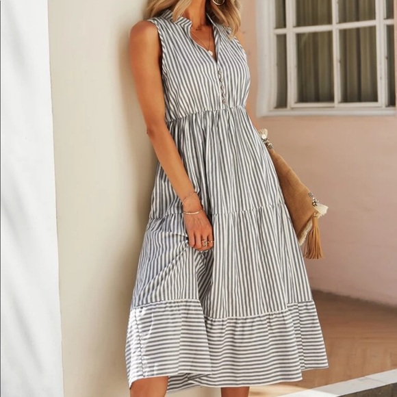 Boho striped notched neck button detail dress - Picture 13 of 16